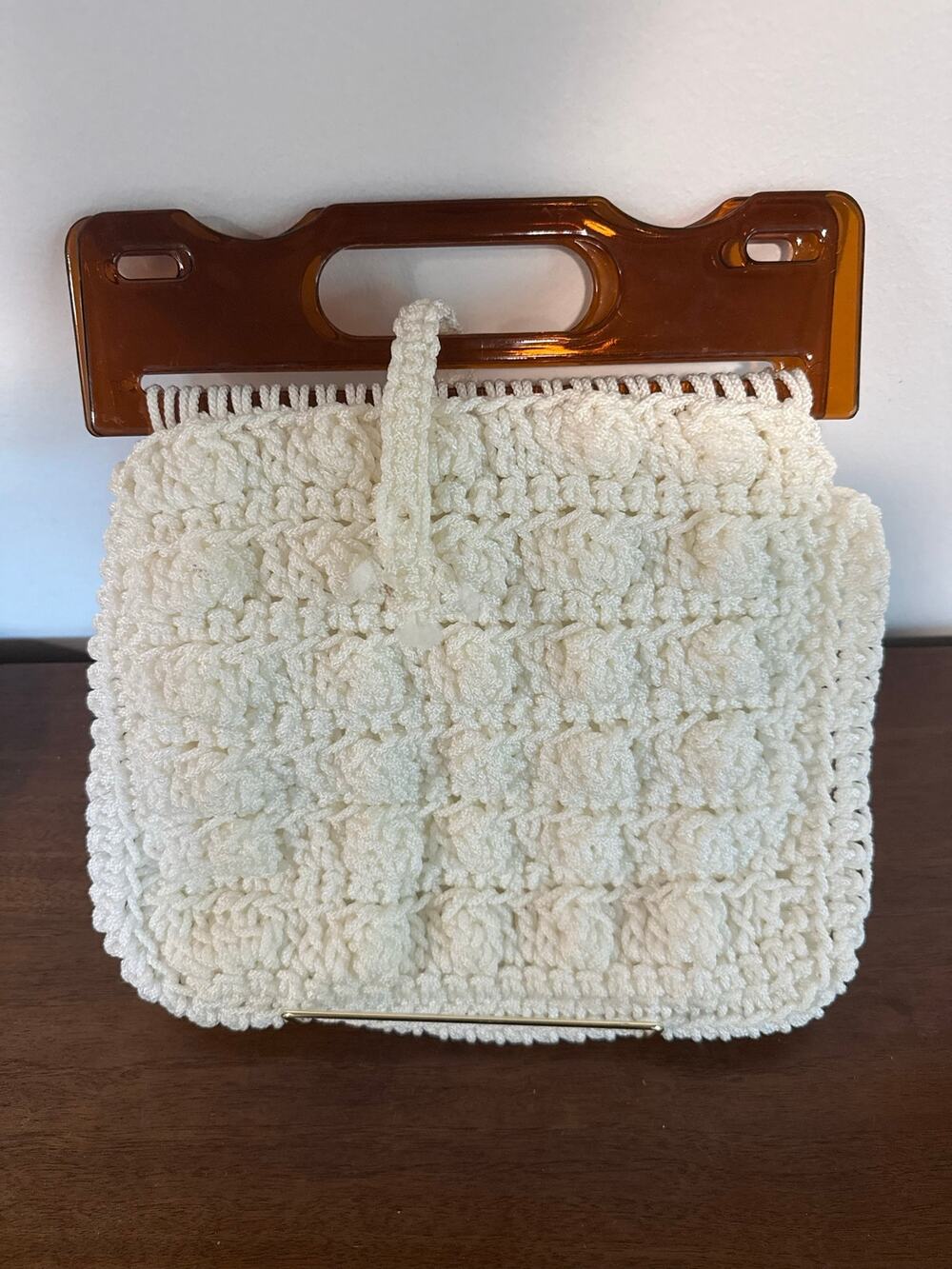 Vintage 1960s Popcorn Crochet Handbag Amber Acrylic Lucite Handle Cream